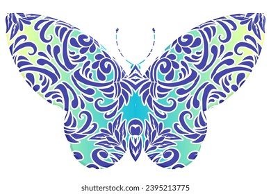 3D El diseño de vectores simétricos de mariposa con el arte de la línea de flor de batik de gradiente dinámico en un lujoso color de patrón