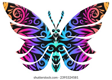 3D The symmetrical butterfly vector design with dynamic gradient batik dayak flower line art in a luxurious pattern colour