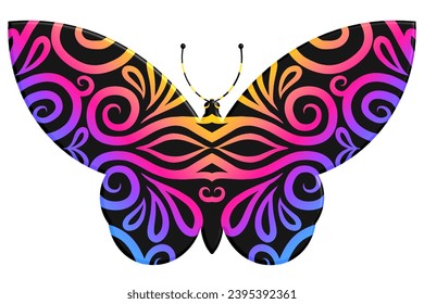 3D The symmetrical butterfly vector design with dynamic gradient batik dayak flower line art in a luxurious pattern colour