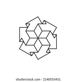 3d symmetrical line art design of several block arrows pointing in all directions. Geometric black outline shapes on a white background.