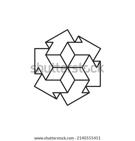 3d symmetrical line art design of several block arrows pointing in all directions. Geometric black outline shapes on a white background.