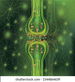 3D synapse and Neuron cells. Transmission signal of impulse in a living organism. Communication of neurons. Signaling in the brain. Concept learing. Vector illustration