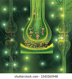 3D synapse and Neuron cells. Transmission signal of impulse in a living organism. Communication of neurons. Signaling in the brain. Concept learing. Vector illustration