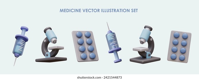 3D syringe with liquid, microscope, blister with blue round pills