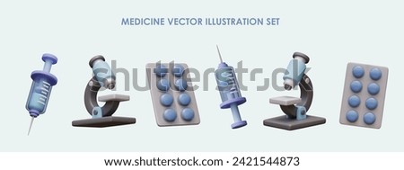 3D syringe with liquid, microscope, blister with blue round pills
