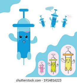 3d syringe vector illustration syringe 3 cute kawaii style syringes, syringes filled with vaccine solution, cute kids syringes