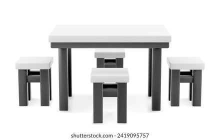 3D table and chairs isolated on white background. Vector realistic illustration of plastic or metal furniture mockup for trade fair booth, restaurant, home kitchen or dining room, clean tabletop