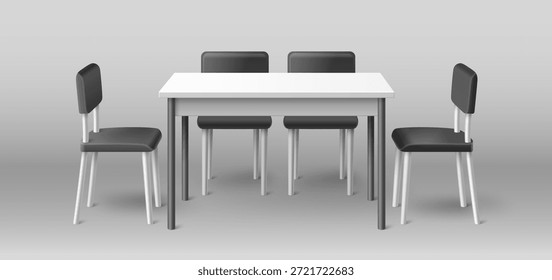 3D-Tisch und -Stühle, Modell einzeln auf Hintergrund. Vektorrealistische Illustration von einfachen Möbeln für Ausstellungsstand, Büro-Konferenzraum, Wohnküche oder Essbereich, Innenarchitektur-Elemente