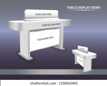 3d table display demo for exhibition with space logo company. Vector editable