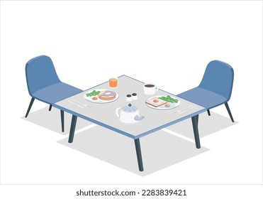 3d Table laid, festive dinner food dishes, drinks and chairs, vector. Family dining room or kitchen and restaurant laid table with party celebration lunch, breakfast or brunch meals, salads