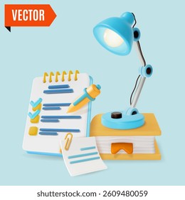 3d Table Lamp on Top of Book and Checklist Education or Planning Concept. Vector illustration of Task Management