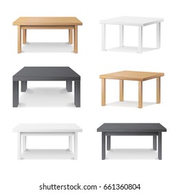 3D Table Set Vector. Empty Wooden, Plastic, White, Black Table. Realistic Desk Stand. Isolated Furniture, Platform. Template For Object Presentation. Vector Illustration.