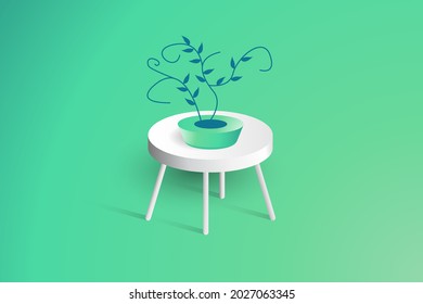 mesa 3d con fondo verde turquesa. Diseño realista del componente de la mesa de exposición con un florero de flores encima.