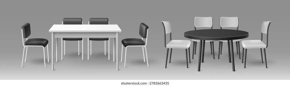 3D tables and chairs mockup isolated on background. Vector realistic illustration of simple furniture for exhibition booth, office conference room, home kitchen, dining area, interior design elements