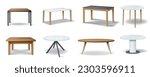 3D tables. Kitchen stand furniture. Desk with platform and legs. Office plastic stage. Dining wooden tabletop. Isolated objects for showroom. Vector realistic furnishing elements set