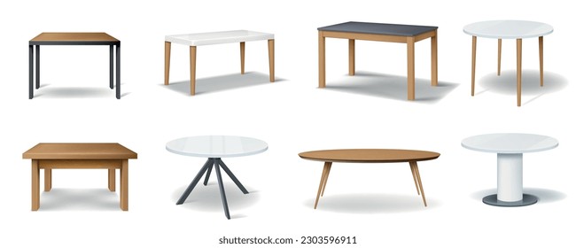 3D tables. Kitchen stand furniture. Desk with platform and legs. Office plastic stage. Dining wooden tabletop. Isolated objects for showroom. Vector realistic furnishing elements set