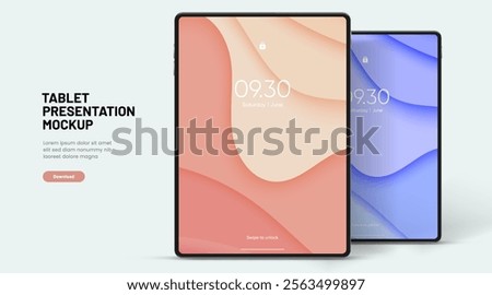 3D Tablet frame less blank screen. Empty screen device tablet mockup element. Can be used for mobile app, UI UX, business presentations. High quality EPS10 ultra realistic tablet with editable screen