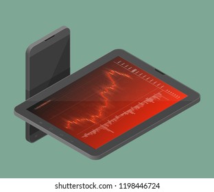 3d Tablet PC Business chart, isometric uptrend line graph, bar chart stock numbers bull market arrow phone. Evaluation investment risks tablet banner. Financial isometry markets tablet, trading phone