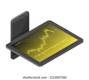 3d Tablet PC Business chart, isometric uptrend line graph, bar chart stock numbers bull market arrow phone. Evaluation investment risks tablet banner. Financial isometry markets tablet, trading phone