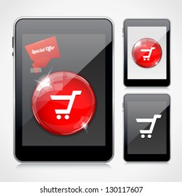3d tablet PC with red glossy round button with shopping car icon. Image contains transparency, EPS 10