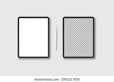 3D tablet, pen digital device mockup with blank screen isolated on background. Realistic, high quality pad empty display template for ui, ux, app, ads, banner marketing, website. Vector illustration
