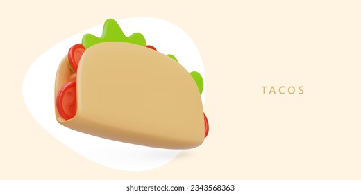 3D tacos on colored background. Tortilla with filling. Wheat, corn tortilla with vegetables, meat, eggs, sauce. Spicy dish. Mexican cuisine. Color vector template