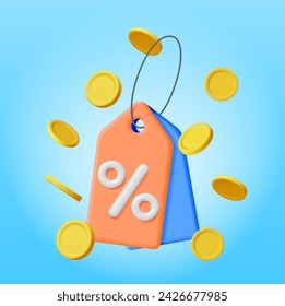 3D Tag with Money Isolated on Blue Background. Render Price Label and Gold Coins. Cardboard Price Tag for Sale. Discount Sticker with Rope. Promo Sale, Offer or Gift Concept. Vector Illustration