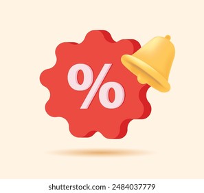 3d Tag Price Icon with Bell Notification. Vector Illustration for Shopping, Special Offer Promotion. 