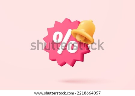 3d tag price icon with bell notification for discount coupon online. sales with an percent offer 3d for shopping, special offer promotion reminder. 3d price coupon icon vector rendering illustration
