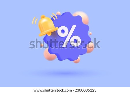 3d tag price icon with bell notification for discount coupon online. Sales with an percent offer 3d for shopping, special offer promotion reminder. 3d vector rendering illustration