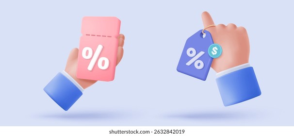 3d tag price icon for discount coupon of cash and future use online shopping. sales with an excellent offer for shopping, special offer promotion. 3d discount tags icon vector render illustration