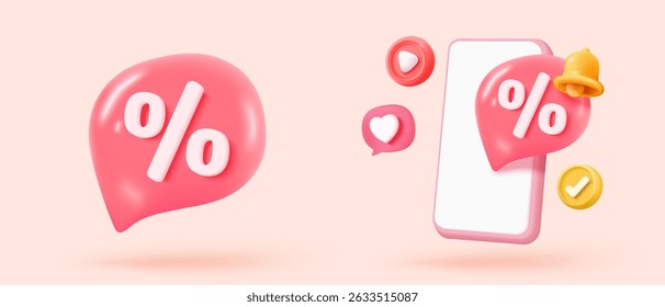 Ícone de preço de etiqueta 3d com aviso para cupom de desconto de dinheiro e uso futuro compras on-line. oferta de cupom de vendas para compras, promoção de oferta especial. 3d desconto anunciar ícone vetor renderização ilustração