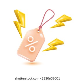 3D tag for sales and shopping online, discount coupon of cash. Flash lightning on time alert notice special offer promotion. 3d price tags icon vector render illustration