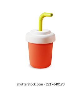 3d Takeaway Plastic Drink Cup with Straw Plasticine Cartoon Style. Vector illustration of Template Beverage Container