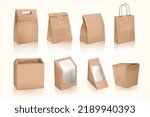 3d takeout bags. Restaurant takeaway food package, seal sticker pouch delivery craft paper handle bag or lunch box cardboard container bakery sachet vector illustration of container bag and package