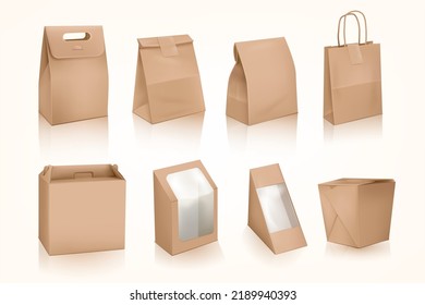 3d takeout bags. Restaurant takeaway food package, seal sticker pouch delivery craft paper handle bag or lunch box cardboard container bakery sachet vector illustration of container bag and package