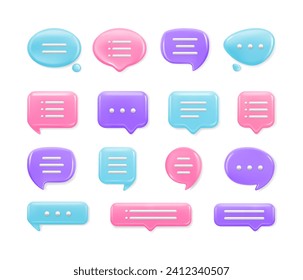 3D talk bubble. Realistic button icon. Speech text apps. Business communication. Chat message. Interface color label. Dialog concept. Speak balloon. Conversation contact. Vector render elements set