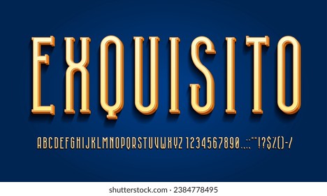 3d tall font, classy modern type, serif typeface, long english alphabet letters and numbers, vector typography set. Retro condensed font of yellow abc characters with shadows for vintage movie poster