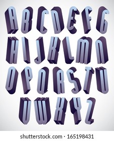 3d tall and thin font, monochrome dimensional alphabet, geometric letters for design.