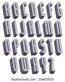 3d tall and thin font, monochrome dimensional alphabet, geometric letters for design.