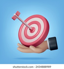 3D Target with Arrow in Center Icon in Hand Isolated. Render Dartboard with Arrow. Goal Setting. Smart Goal. Business or Finance Target Concept. Achievement and Success. Vector Illustration