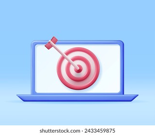 3D Target with Arrow in Center on Computer Screen. Render Dartboard with Arrow and Laptop. Goal Setting. Smart Goal. Business or Finance Target Concept. Achievement and Success. Vector Illustration