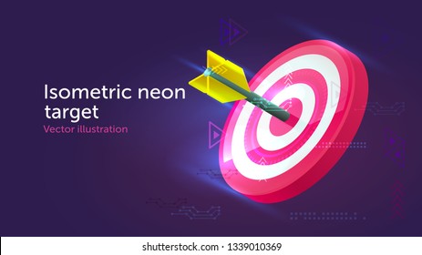 3d target with arrow illuminated with neon light. Usable for web site design, logo, app, UI, posters. Vector illustration, EPS10.