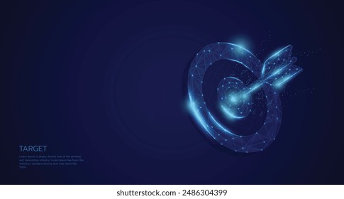 3d target arrow low poly wireframe art on blue background vector illustration. business goal achievement concept template design for landing page, banners, poster, covers, flyers, presentations.