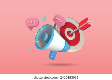 3d target and megaphone icon vector illustration design. marketing goal concept on pink background.