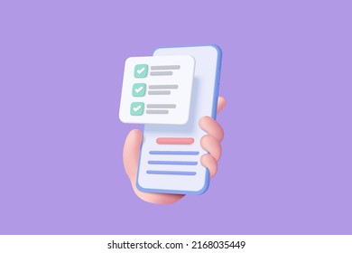 3d task management todo check list with mobile phone holding hand, 3d mobile list report for exam, fast progress, level up concept, assignment and exam. 3d check list icon vector render illustration
