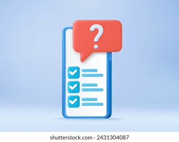 3d task management todo check list with mobile phone, form vote in phone, survey, feedback, questionnaire, mark choice in document. exam checklist 3d icon. 3d rendering. Vector illustration