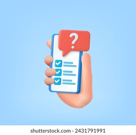 3d task management todo check list with mobile phone, form vote in phone, survey, feedback, questionnaire, mark choice in document. exam checklist 3d icon. 3d rendering. Vector illustration