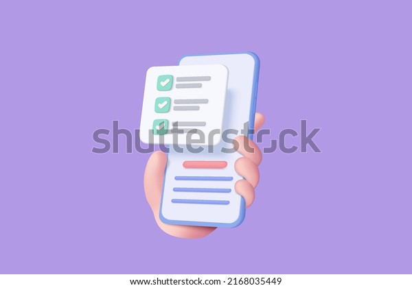 3d task management todo check list with
mobile phone holding hand, 3d mobile list report for exam, fast
progress, level up concept, assignment and exam. 3d check list icon
vector render illustration