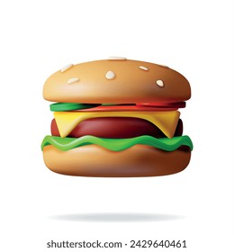 3D Tasty Burger Isolated on White. Render Burger Icon with Salted Cucumber, Salad, Tomato, Cheese, Sauce, Bun with Sesame Seeds and Beef Cutlet. Cheeseburger Fast Food. Realistic Vector Illustration.